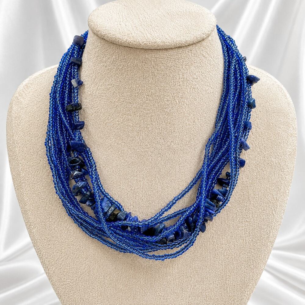 Cobalt Blue Multistrand Necklace Stone Chip Accents 15–18 Inch N632